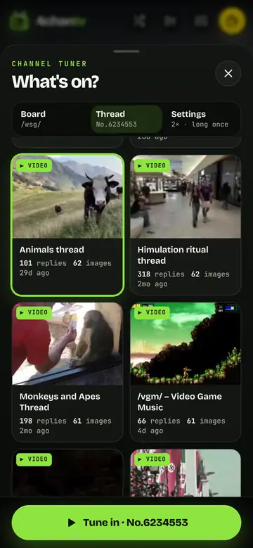 The channel tuner on a phone: /wsg/ thread cards with video badges and the "Mix the whole board" option
